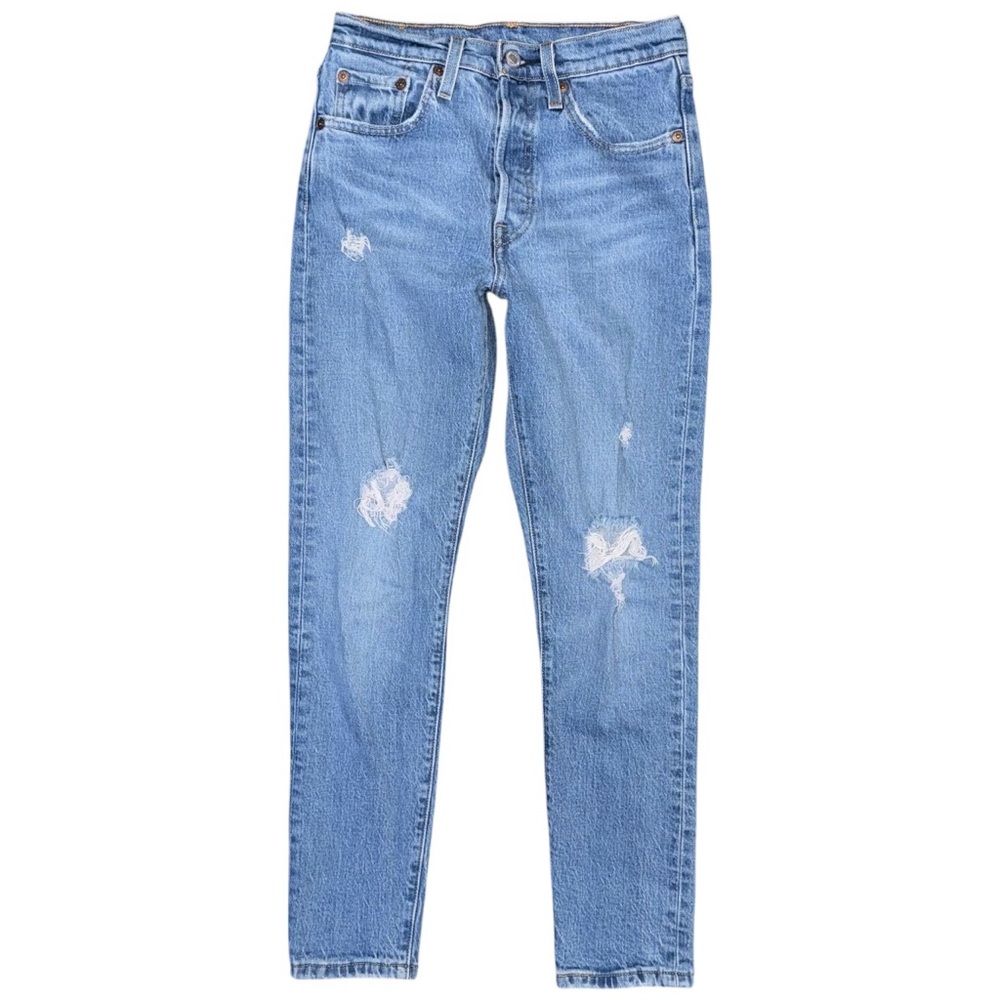 Levi’s 501 Skinny Jeans Jive Tribe Medium Blue 24 x 28 Distressed Button Fly